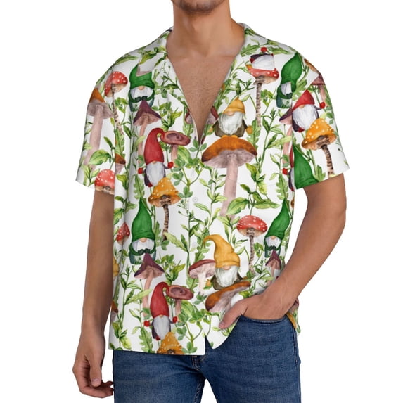 Rateoe Mushrooms Gnomes Print Mens Front Pocket Hawaiian Shirts Casual Shirts Short Sleeve Button Down Beach Tropical Shirts-4X-Large