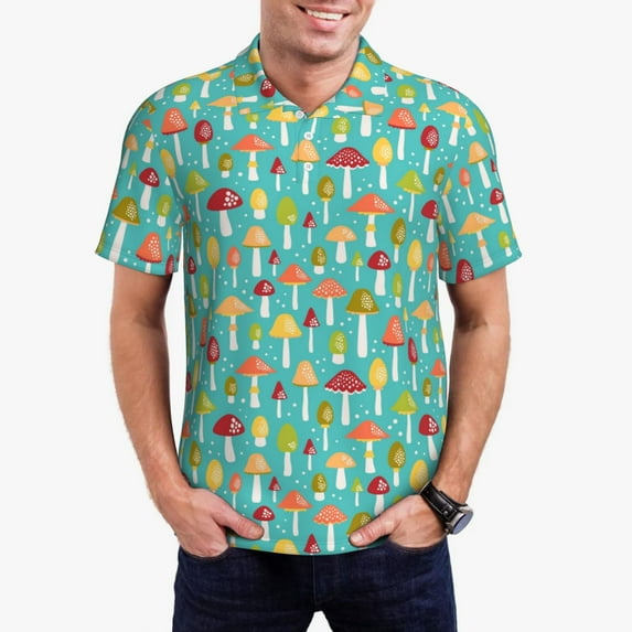 Rateoe Mushrooms Pattern Men's Short Sleeve Polo Shirts, Golf Polo Shirts Short Sleeve Performance Moisture Wicking Dry-XX-Large