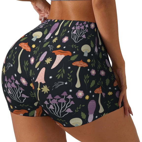 Rateoe Mushrooms Printed Power Workout Shorts for Women Tummy Control Squat Proof Ribbed Thick Seamless Scrunch Active Short-Large