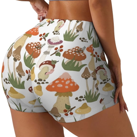 Rateoe Mushrooms Printed Power Workout Shorts for Women Tummy Control Squat Proof Ribbed Thick Seamless Scrunch Active Short-Large