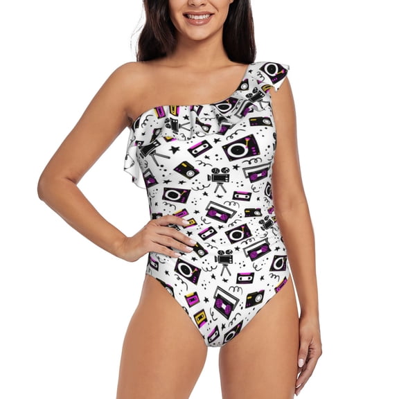 Rateoe Music Player Pattern Women One Piece Swimsuits Tummy Control One Shoulder Bathing Suits Ruffle Swimwear-X-Large