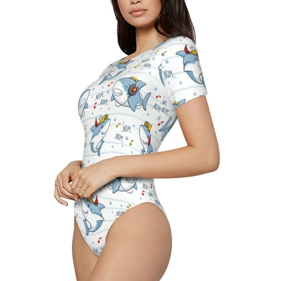 Rateoe Music Shark Printed Women Rash Guard Short Sleeve,Tummy control Swimsuit Surfing Swimsuit Bathing Suit Short-sleeved Onesie UPF 50+