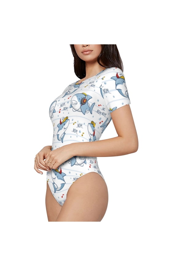 Music Shark Printed Women Rash Guard Short Sleeve,Tummy control Swimsuit Surfing Swimsuit Bathing Suit Short-sleeved Onesie UPF 50+