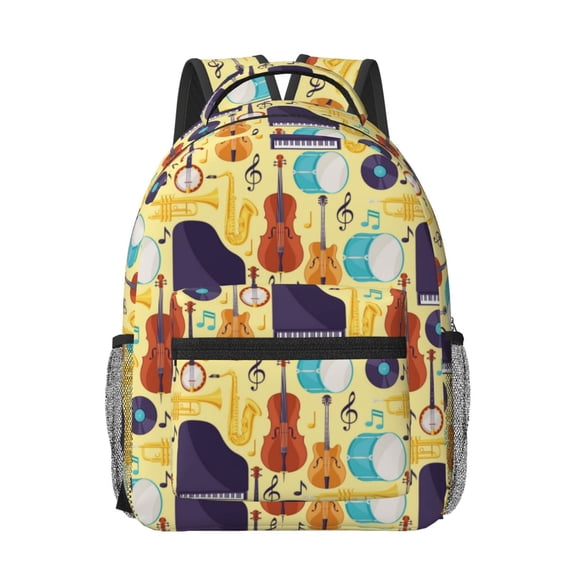 Rateoe Musical Instruments Pattern Durable Student Backpack Laptop Bag- Ergonomic Design, Waterproof Twill Fabric - Ideal for School, Travel, and Outdoor Activities