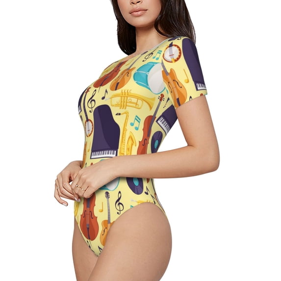 Rateoe Musical Instruments Printed Women Rash Guard Short Sleeve,Tummy control Swimsuit Surfing Swimsuit Bathing Suit Short-sleeved Onesie UPF 50+