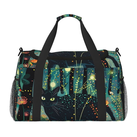 Rateoe Mystical Black Cat Fireflies Pattern Gym Bag for Women, Duffle Bag for Travel with Wet Pocket, Carry on Weekender Bags for Women, Water Resistant Travel Bag Duffel Bag