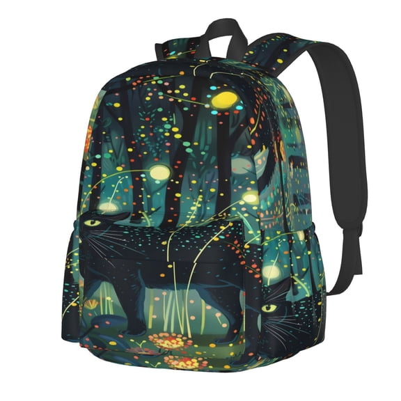 Rateoe Mystical Black Cat Fireflies Pattern Student Backpack,Backpack for School,Lightweight Bag,Travel Backpack,Outdoor Backpack,Large Capacity Backpack
