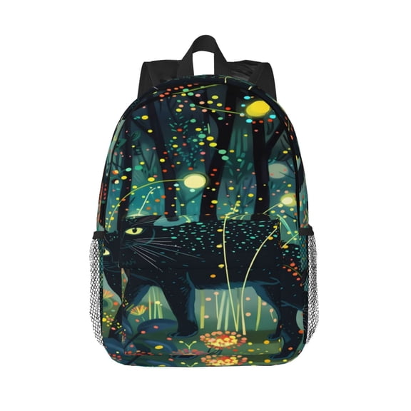 Rateoe Mystical Black Cat Fireflies Pattern Student Backpack Water-resistant Backpack 15-inch Laptop Backpack Lightweight Adjustable School Backpack