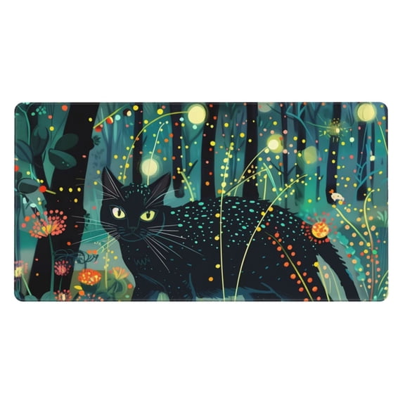 Rateoe Mystical Black Cat Fireflies Print Mouse Pad - Extended Large Gaming Mousepad,Non-Slip Stitched Edge,16x29.5 Inch