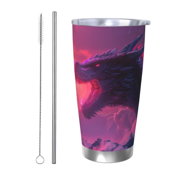 Rateoe Mystical Dragon Under Moon Printed Car Guy Gifts for Men Women Tumbler - 20oz/590ml Vacuum Insulated Stainless Steel Travel Tumbler Cups with Lid & Straw-Straw Two-piece Set
