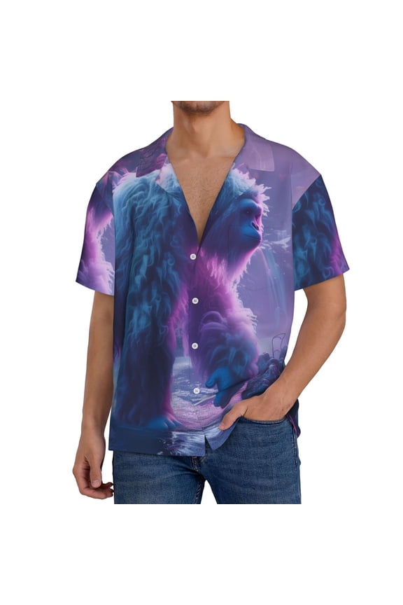 Mystical White gorilla Jungle Pattern Men's Short Sleeve Classic Shirt, Casual Short-Sleeved Shirt, Lightweight Summer Shirt, Cuban Collar Shirt,Button-Front Shirt-Small