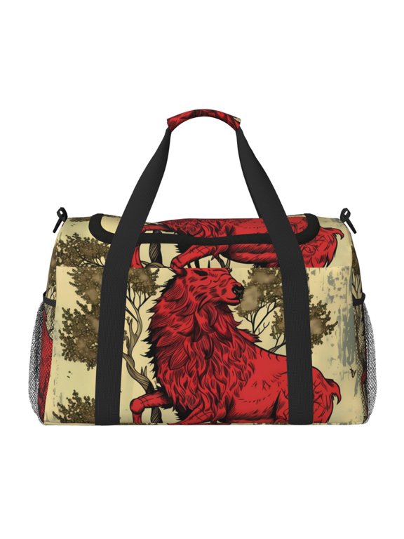 Mythical Red Stag Illustration Pattern Gym Bag for Women, Duffle Bag for Travel with Wet Pocket, Carry on Weekender Bags for Women, Water Resistant Travel Bag Duffel Bag