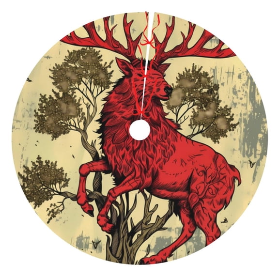 Rateoe Mythical Red Stag Illustration Print Christmas Tree Skirt 30" for Xmas Holiday New Year Party Circle Tree Mat Ornaments Decoration