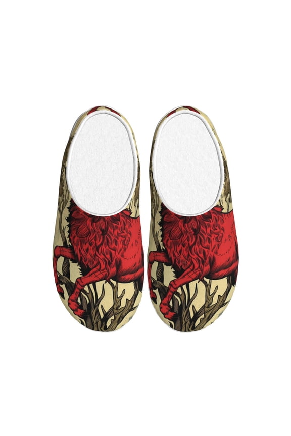 Mythical Red Stag Illustration Print Women's Men's Cotton Knit Slippers Lightweight Memory Foam Indoor House Shoes with Anti-Skid Sole-44/45