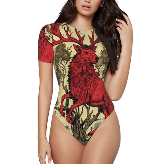 Rateoe Mythical Red Stag Illustration Printed Women Rash Guard Short Sleeve,Tummy control Swimsuit Surfing Swimsuit Bathing Suit Short-sleeved Onesie UPF 50+ -Medium