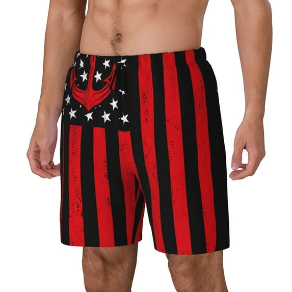 Rateoe Nautical American Flag Pattern Men’s Swim Shorts with Compression Liner – Double-Layered Quick-Dry Swimwear, Comfortable & Stretchy Beach Shorts-Small