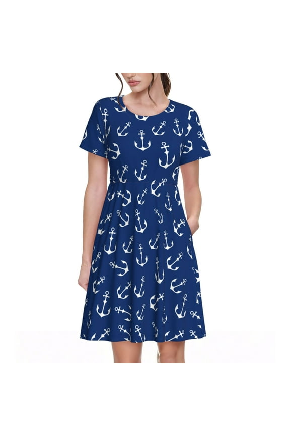 Nautical Anchors Pattern Women’s Short Sleeve Dress – Casual Elegant Summer A-Line Dress for Everyday Wear