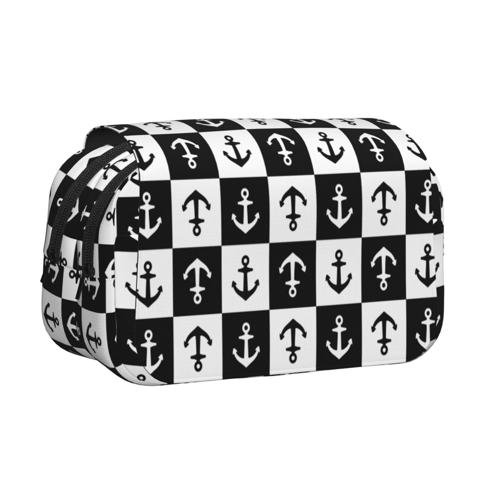 Rateoe Nautical Anchors1 Pattern Double Clamshell Pen Case, Storage Organizer with Two Zipper Compartments– Holds Up to 50 Pencils & Pens