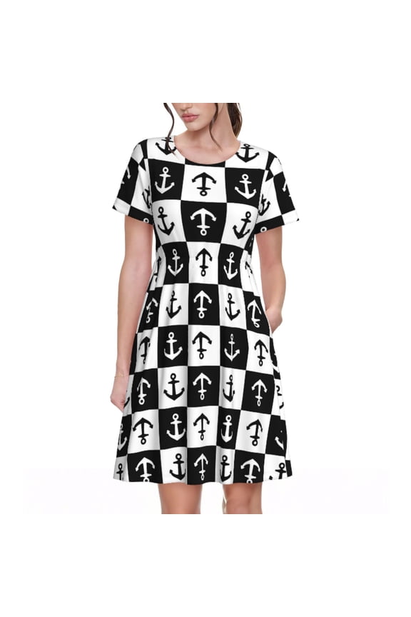 Nautical Anchors1 Pattern Women’s Short Sleeve Dress – Casual Elegant Summer A-Line Dress for Everyday Wear