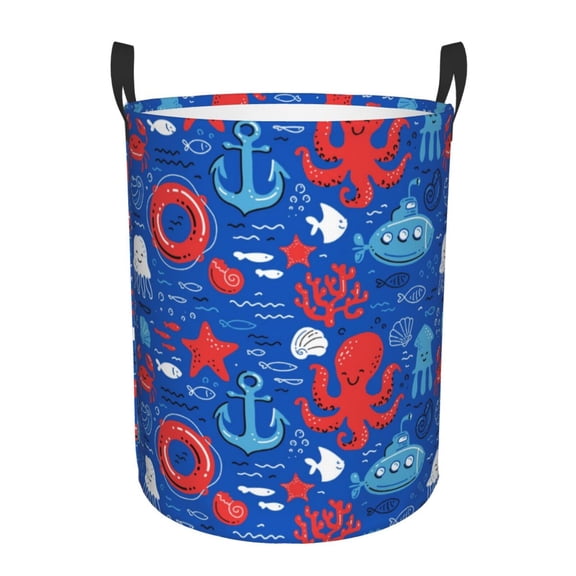 Rateoe Nautical Animals Pattern Round Laundry Hamper Basket, Tall Hamper Basket for Blanket Storage, Nursery Clothes Hamper for Laundry in Bedroom and College Dorm-Medium