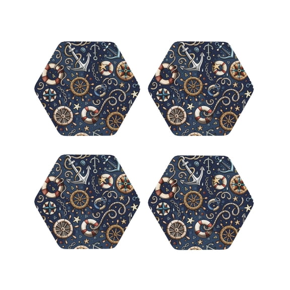 Rateoe Nautical Drawing Drink Coasters Set of 4 Leather Coasters Spill Protection for Table Desk,Durable and Non Slip Leather Coaster ,4 Inches Drink Mats-Hexagon