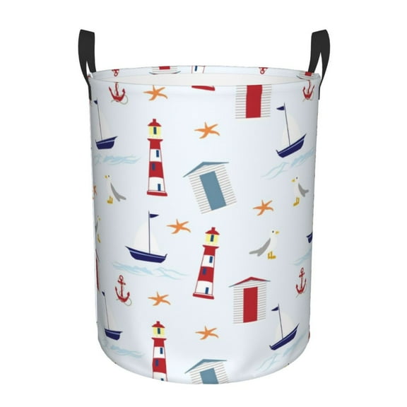 Rateoe Nautical Lighthouse Sailboat Pattern Round Laundry Hamper Basket, Tall Hamper Basket for Blanket Storage, Nursery Clothes Hamper for Laundry in Bedroom and College Dorm-Medium