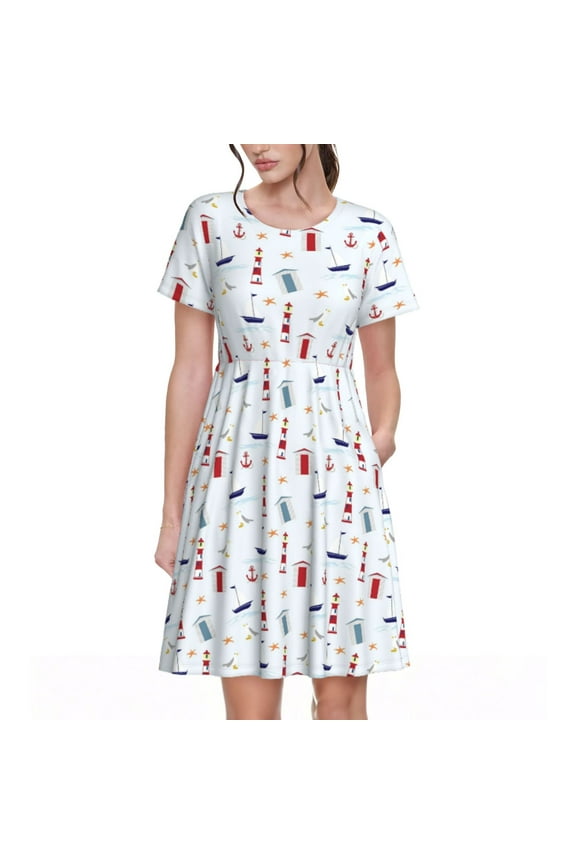 Nautical Lighthouse Sailboat Pattern Women’s Short Sleeve Dress – Casual Elegant Summer A-Line Dress for Everyday Wear