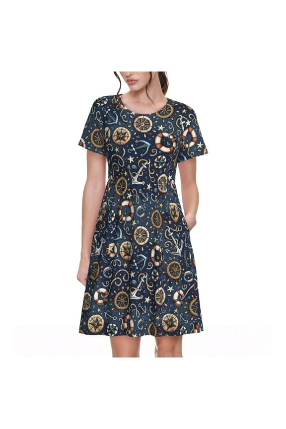Nautical Pattern Women’s Short Sleeve Dress – Casual Elegant Summer A-Line Dress for Everyday Wear