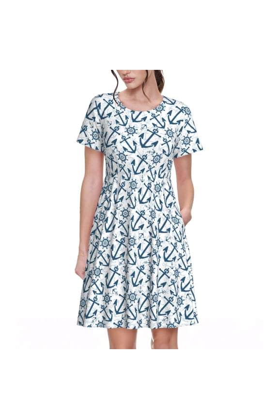 Nautical Theme Anchors Pattern Women’s Short Sleeve Dress – Casual Elegant Summer A-Line Dress for Everyday Wear