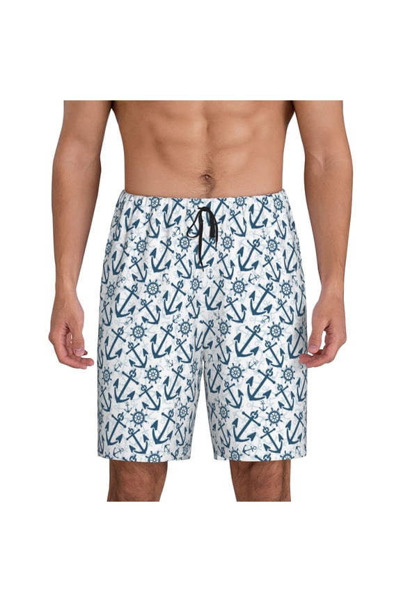 Nautical Theme Anchors Print Men's Lounge Shorts – Soft & Breathable Pajama Bottoms with Pockets, Elastic Waistband, Lightweight Sleepwear for Nightwear & Loungewear-