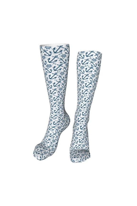 Nautical Theme Anchors print Women's Men's Novelty 20in Crew Socks Cotton Socks Knee High Socks for Walking,Running,Nurses,Pregnancy-One Size
