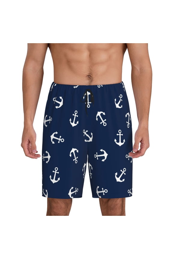Nautical Themed Simple Anchors Print Men's Lounge Shorts – Soft & Breathable Pajama Bottoms with Pockets, Elastic Waistband, Lightweight Sleepwear for Nightwear & Loungewear-