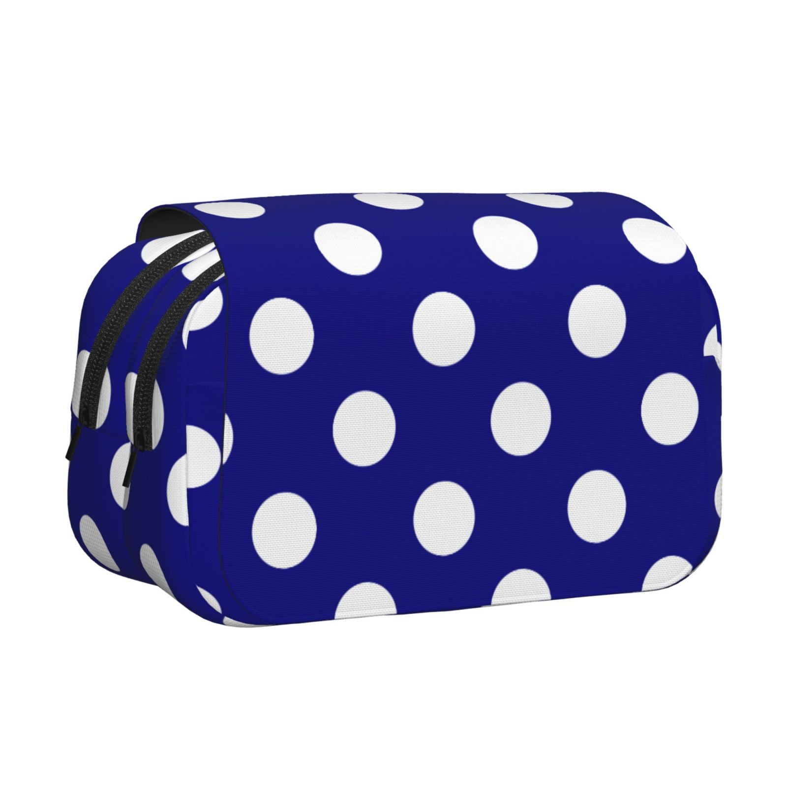 Rateoe Navy And White Polka Dot Pattern Double Clamshell Pen Case, Storage Organizer with Two Zipper Compartments– Holds Up to 50 Pencils & Pens