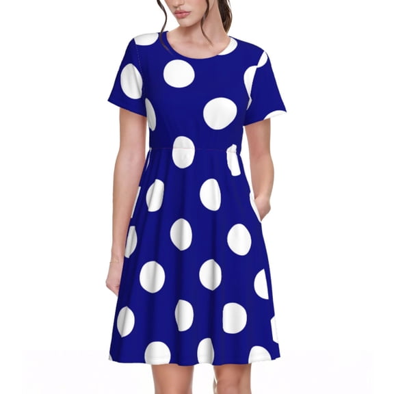 Rateoe Navy And White Polka Dot Pattern Women’s Short Sleeve Dress – Casual Elegant Summer A-Line Dress for Everyday Wear