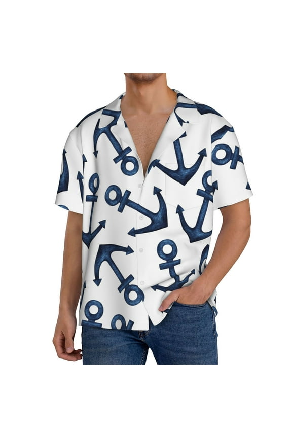 Navy Blue Anchor Pattern Men's Short Sleeve Classic Shirt, Casual Short-Sleeved Shirt, Lightweight Summer Shirt, Cuban Collar Shirt,Button-Front Shirt-Large
