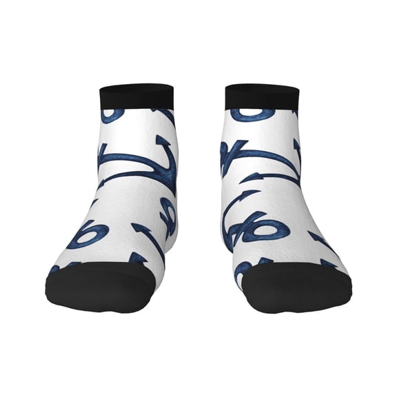 Rateoe Navy Blue Anchor Pattern Quarter Crew Socks,Toe Seamed Ankle Socks,Cotton Cushioned Breathable Athletic Crew Sports Socks