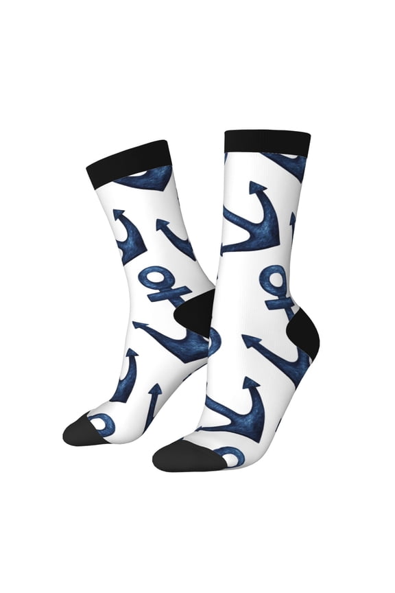 Navy Blue Anchor for Women Casual Calf Socks - Cute Crew Socks - Thin Soft Above Ankle Socks Size 5-11