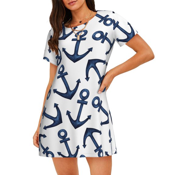 Rateoe Navy Blue Anchors Print Women’s Nightdress – Cozy Cotton Short-sleeved Sleep Shirt, Loose-Fit Sleepwear, Perfect for Relaxing and Sleeping
