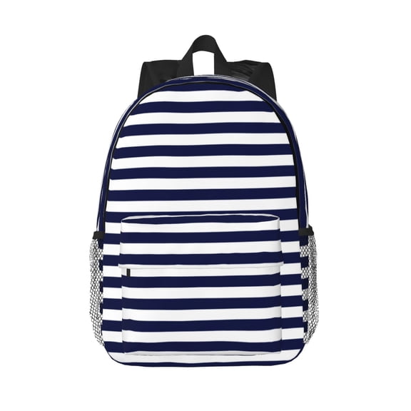 Rateoe Navy Blue And White Stripes Pattern Student Backpack Water-resistant Backpack 15-inch Laptop Backpack Lightweight Adjustable School Backpack