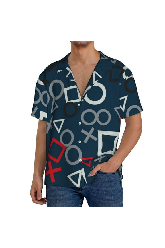 Navy Blue Geometric Pattern Men's Short Sleeve Classic Shirt, Casual Short-Sleeved Shirt, Lightweight Summer Shirt, Cuban Collar Shirt,Button-Front Shirt-X-Large