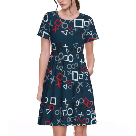Rateoe Navy Blue Geometric Pattern Women’s Short Sleeve Dress – Casual Elegant Summer A-Line Dress for Everyday Wear