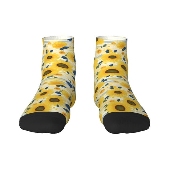Rateoe Navy Blue Leaf Sunflower Pattern Quarter Crew Socks,Toe Seamed Ankle Socks,Cotton Cushioned Breathable Athletic Crew Sports Socks