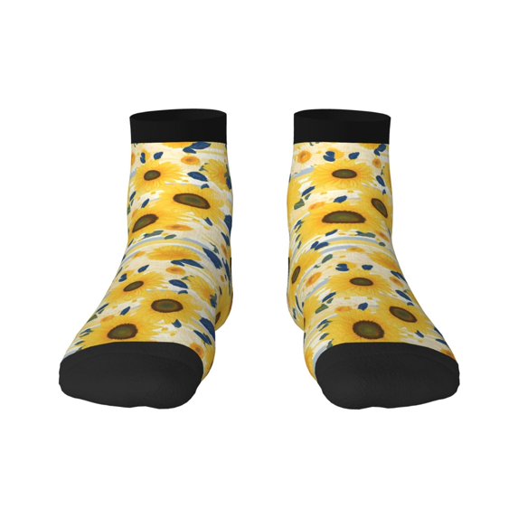 Rateoe Navy Blue Leaf Sunflower Pattern Quarter Crew Socks,Toe Seamed Ankle Socks,Cotton Cushioned Breathable Athletic Crew Sports Socks