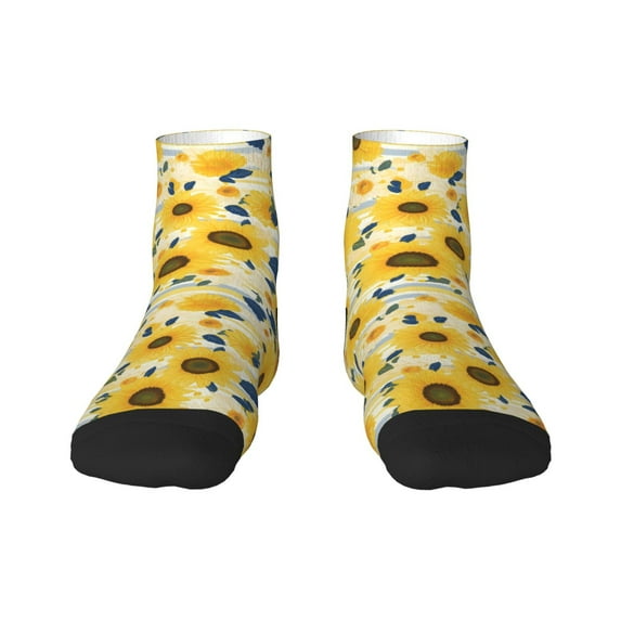 Rateoe Navy Blue Leaf Sunflower Pattern Quarter Crew Socks,Toe Seamed Ankle Socks,Cotton Cushioned Breathable Athletic Crew Sports Socks