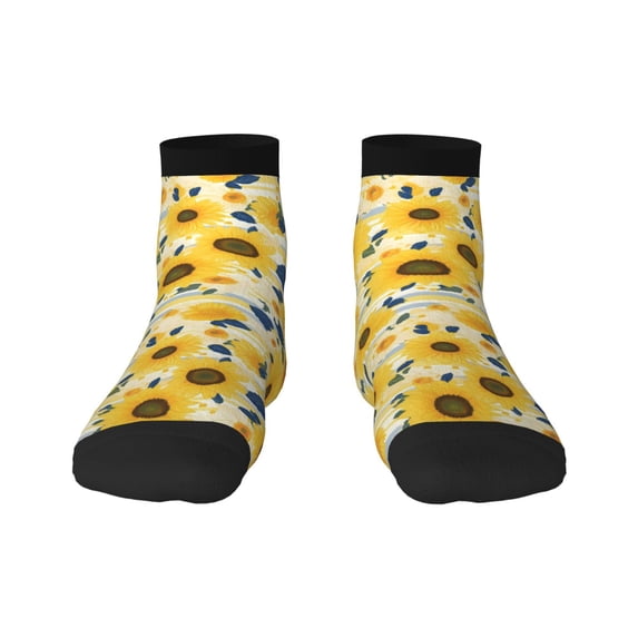 Rateoe Navy Blue Leaf Sunflower Pattern Quarter Crew Socks,Toe Seamed Ankle Socks,Cotton Cushioned Breathable Athletic Crew Sports Socks