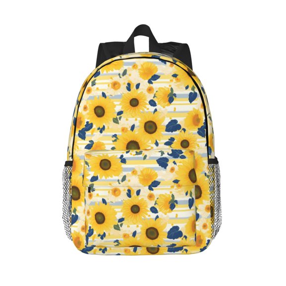 Rateoe Navy Blue Leaf Sunflower Pattern Student Backpack Water-resistant Backpack 15-inch Laptop Backpack Lightweight Adjustable School Backpack