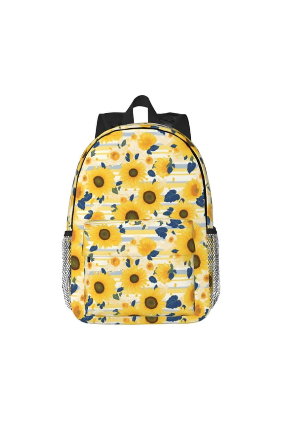 Navy Blue Leaf Sunflower Pattern Student Backpack Water-resistant Backpack 15-inch Laptop Backpack Lightweight Adjustable School Backpack