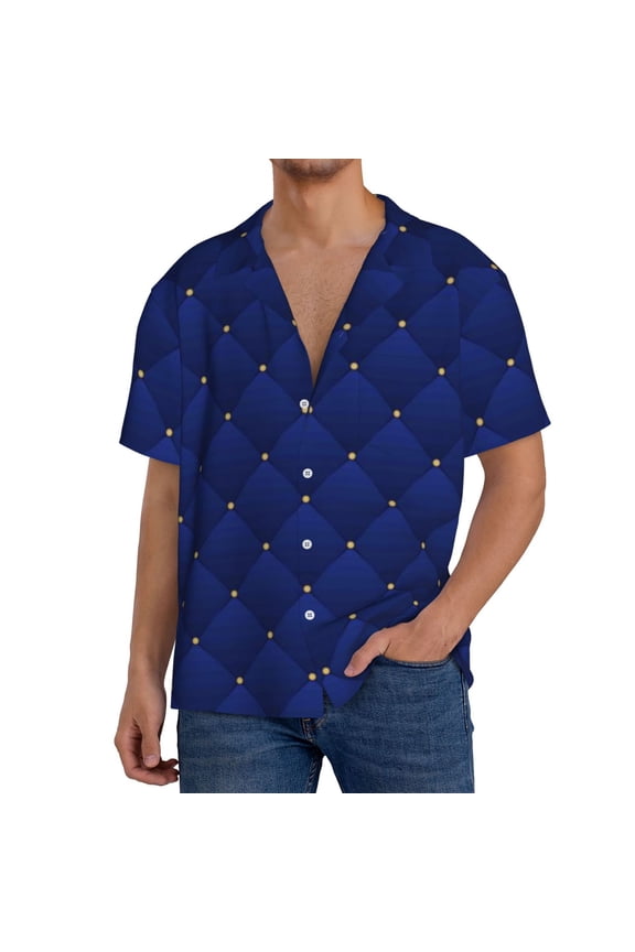 Navy Blue Pattern Men's Short Sleeve Classic Shirt, Casual Short-Sleeved Shirt, Lightweight Summer Shirt, Cuban Collar Shirt,Button-Front Shirt-