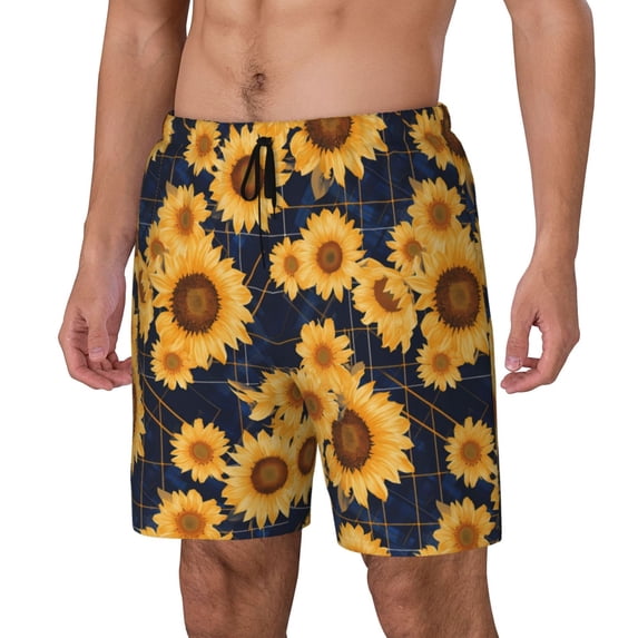 Rateoe Navy Blue Plaid Sunflower Pattern Men’s Swim Shorts with Compression Liner – Double-Layered Quick-Dry Swimwear, Comfortable & Stretchy Beach Shorts-Medium
