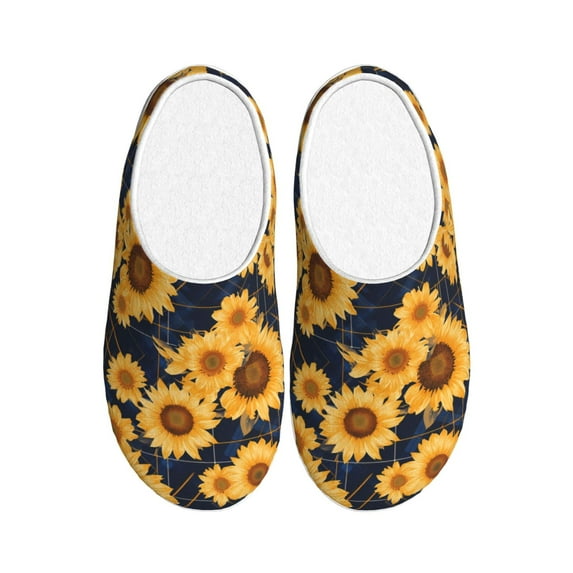 Rateoe Navy Blue Plaid Sunflower Print Women's Men's Cotton Knit Slippers Lightweight Memory Foam Indoor House Shoes with Anti-Skid Sole-39/40